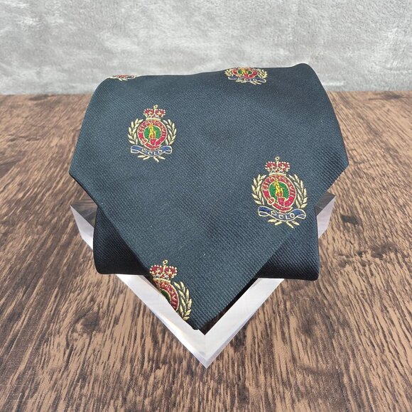 Polo Ralph Lauren Repp Tie VTG USA Hand Made Silk Crest Preppy Old Money Classic - Picture 1 of 12